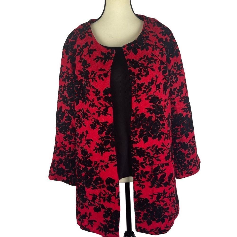 NorthStyle red wool blend blazer velvet floral jacket sz M hook eye closure